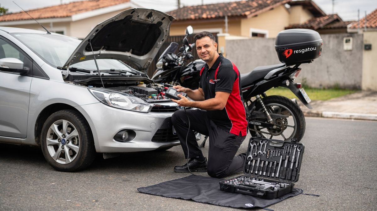 Técnico da Resgatou testando a bateria e o sistema de carga na rua