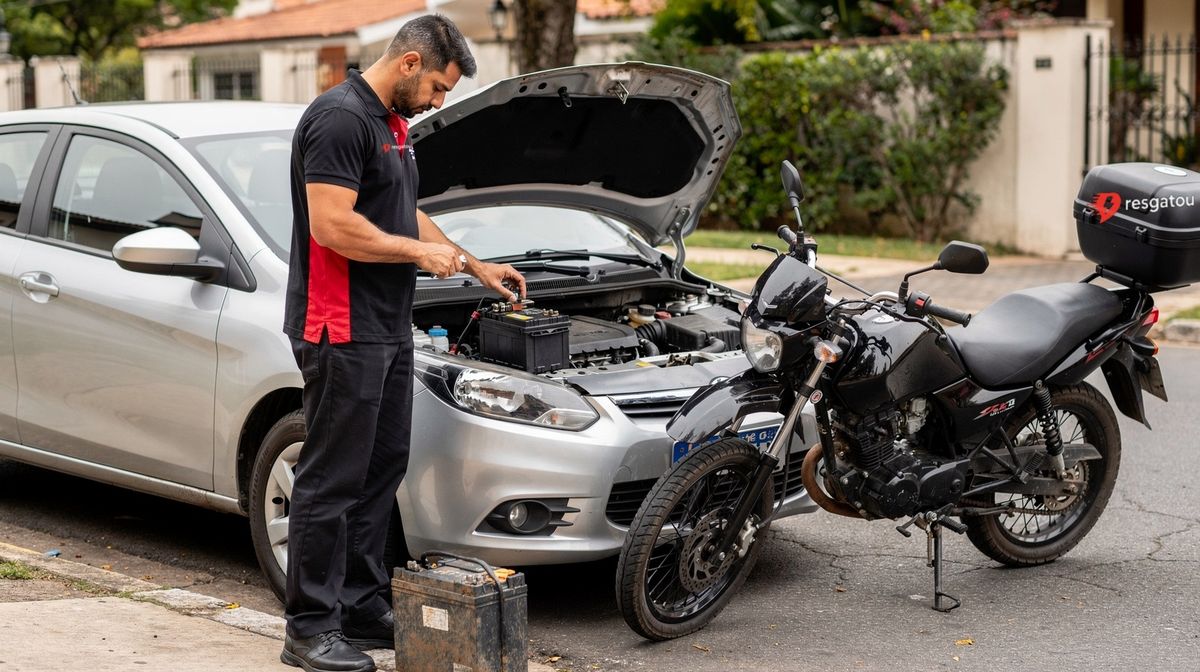 Técnico da Resgatou instalando a bateria nova no local